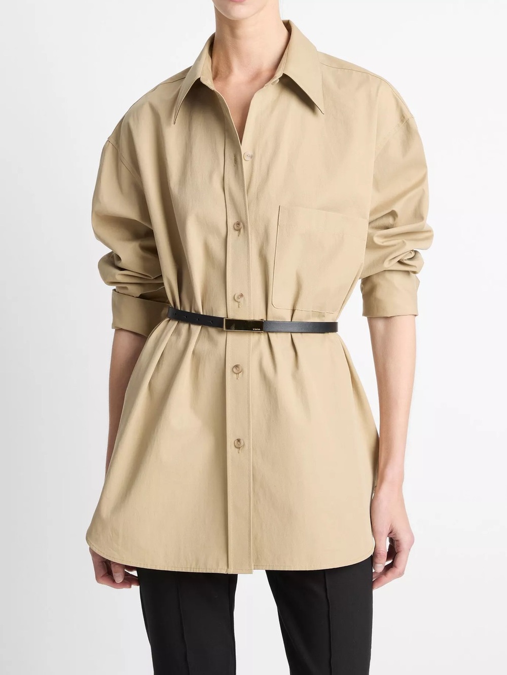 Vince Faux-Leather-Trim Italian Cotton Oversized Button-Front Shirt XL